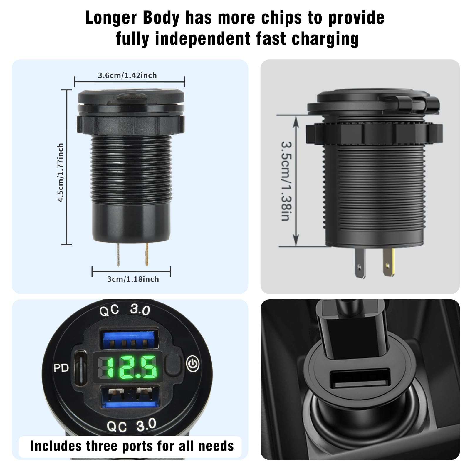 Presa USB Auto Doppia QC3.0 Con Voltmetro E Interruttore ON/OFF – Impermeabile 12V/24V, Con Cavo 60cm Per Auto, Moto, Barca, SUV