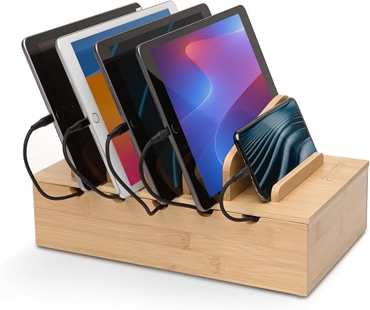 Prosumer's Choice Natural Bamboo Charging Station Rack with Charger Power Strip Storage for Smartphones and Tablets