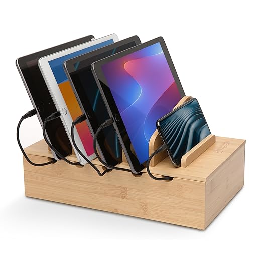 Prosumer's Choice Wooden Charging Station Organizer - 5-Port Base for Phones, Tablets and Laptops - Multi-Device Docking Station with Removable Divider Slots - Cord Box with Cable Management - Bamboo
