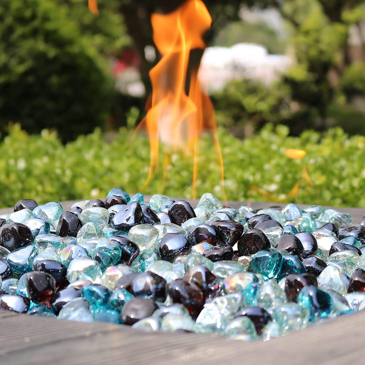 Fire Glass Diamond 1 Inch Fire Pit Glass Rocks for Propane or Gas Fire Pit (Gift Package) (20 Pounds, White/Amber/Margarita Azura Blue Blend)