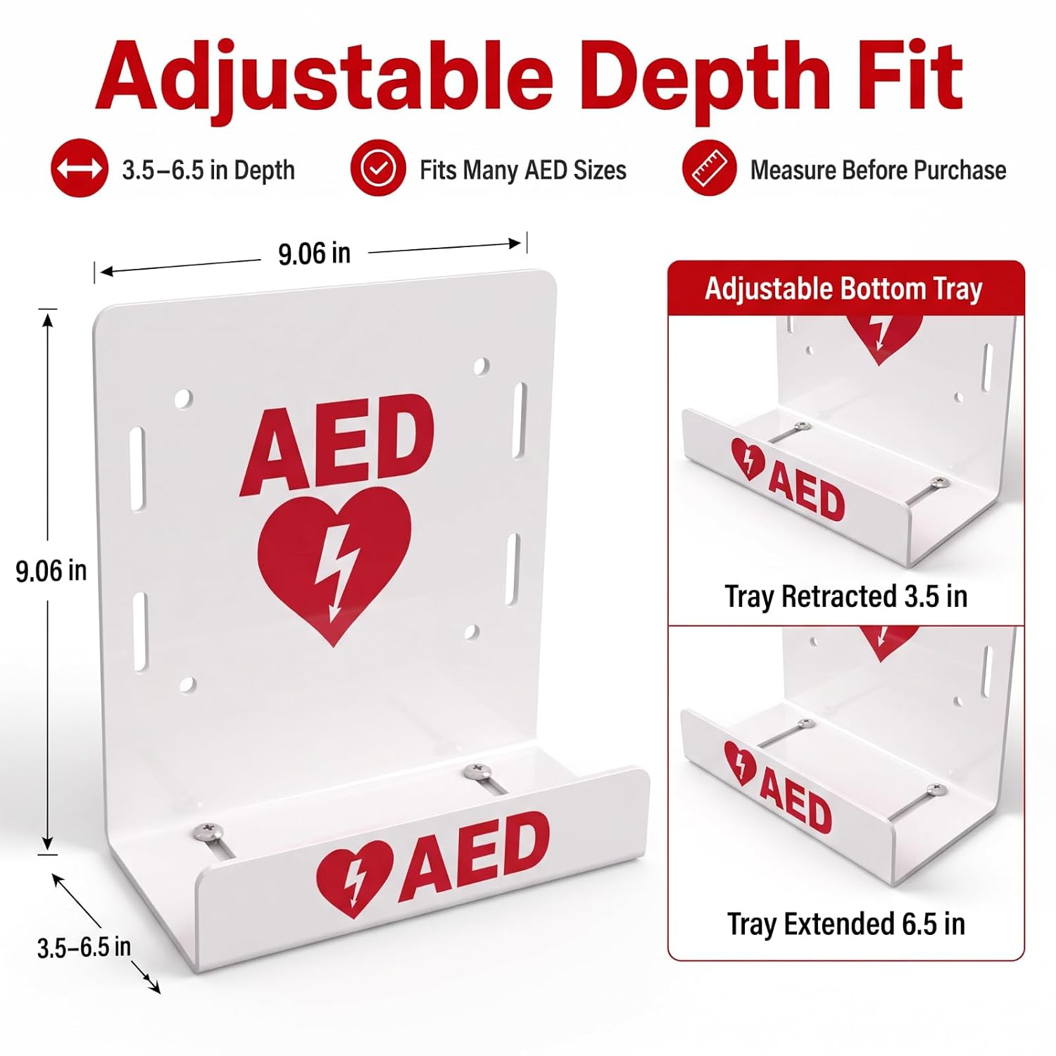 Silipull AED Wall Mount Bracket, Adjustable Depth, School Gym | Carbon Steel AED Rack Cabinet Storage Box Holder, Emergency Display Stand, with Buckle Straps for Offices, Public Areas