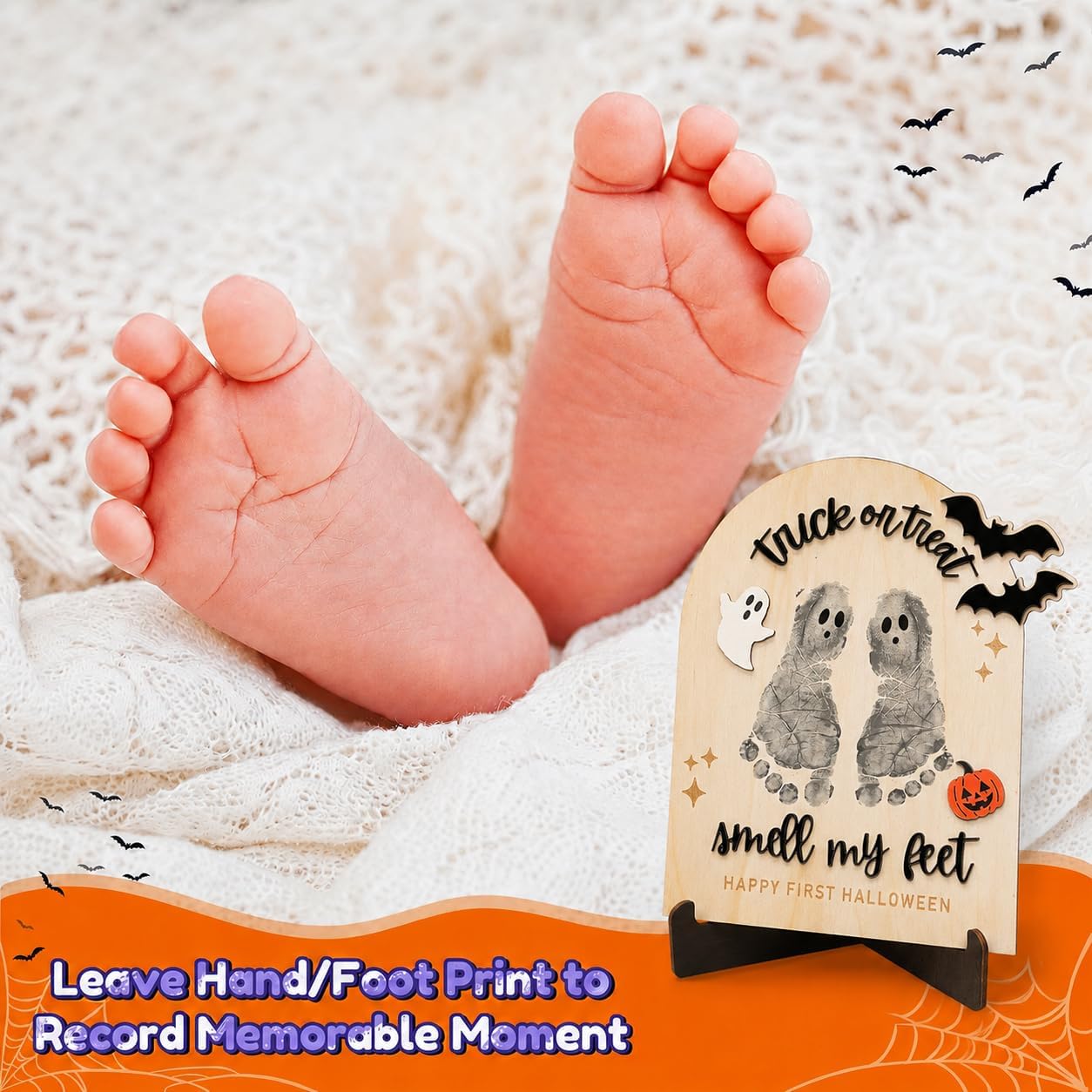 Trick or Treat Smell My Feet, My First Halloween Footprint Sign with 3D Bats Ghost Pumpkin Tags, Baby First Halloween Photo Prop Milestone Keepsake, Kids Halloween Craft Activity