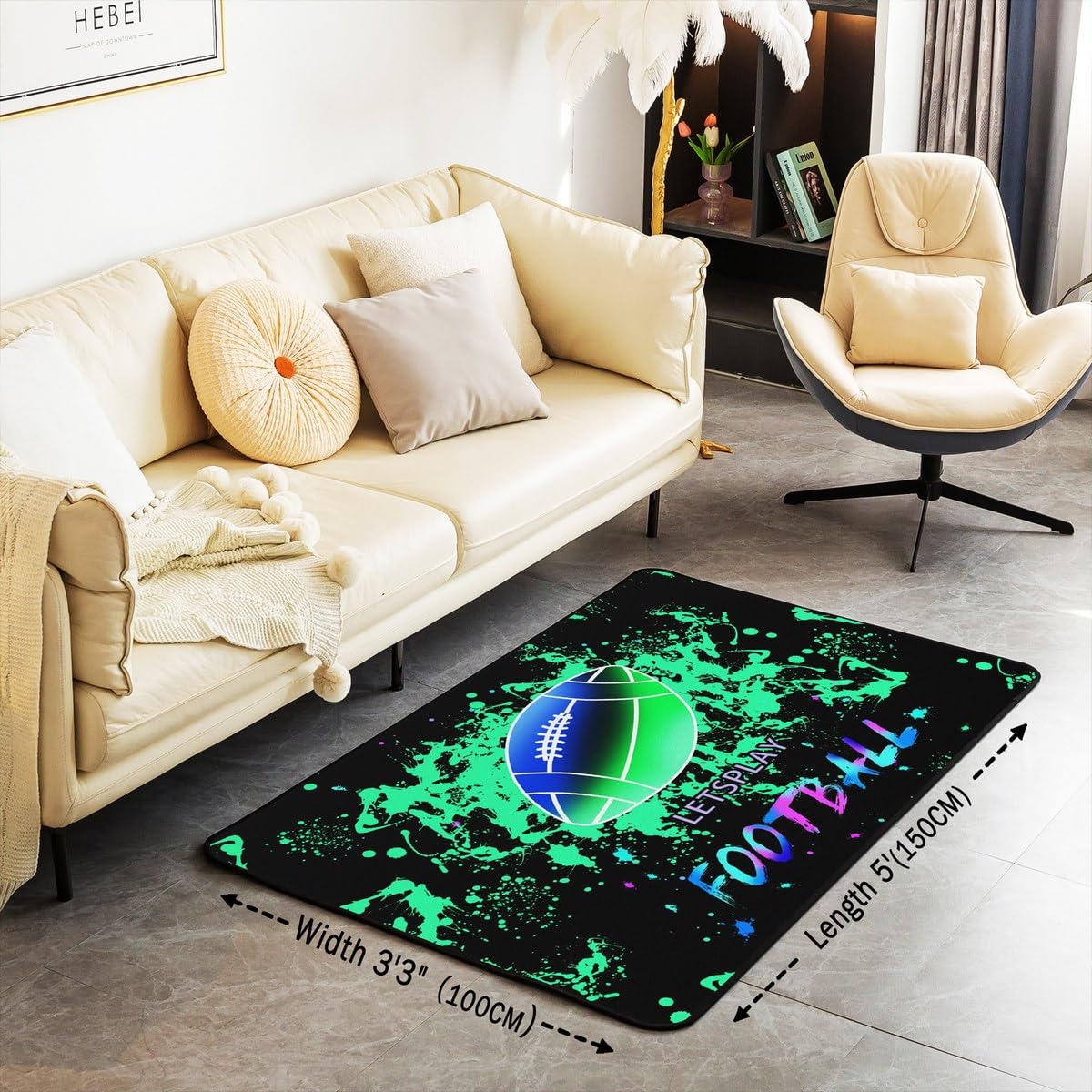 Homemissing Tappeto per area di calcio, 150 x 200 cm, per bambini, rugby, palla 3D, tappeto decorativo per bambini e ragazze, per videogiochi, sport, soggiorno, verde, blu, neon, galassia, tappeto per