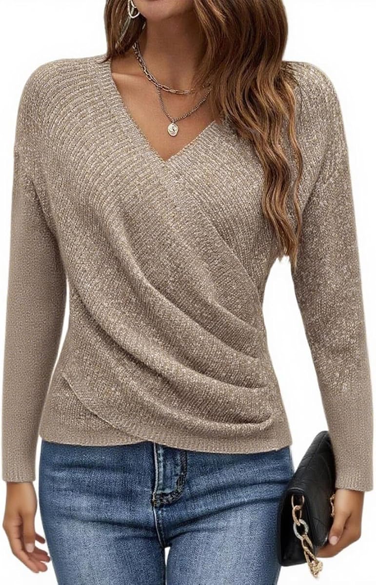 Womens 2026 V Neck Sweater Criss Cross Pullover Long Sleeve Knit Casual Fall Tops
