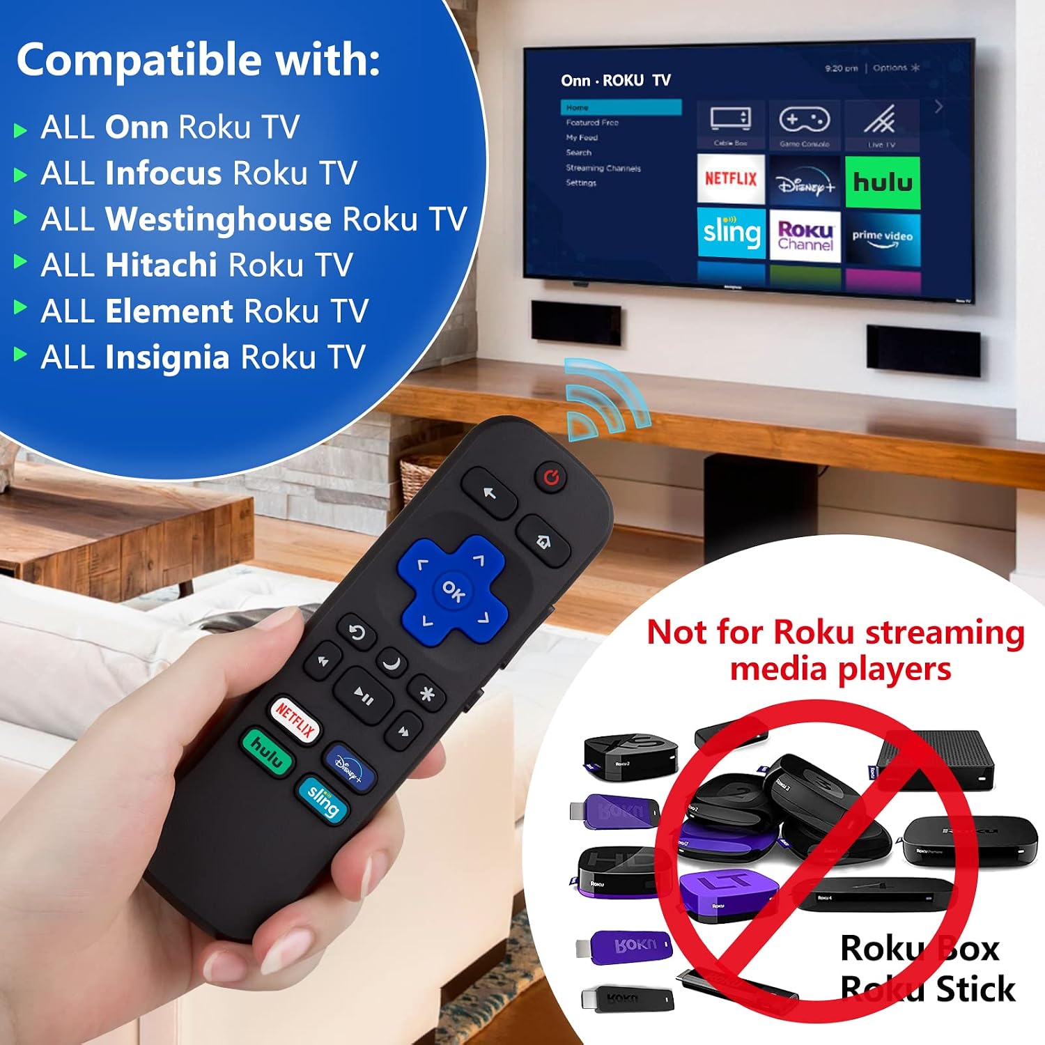 Replacement Remote Compatible for TCL Roku/Hisense Roku/Onn Roku/Insignia Roku/Element Roku/Westinghouse Roku/Hitachi Roku TV, with Buttons for Netflix, Disney+, Hulu, Sling【Not for Roku Stick】