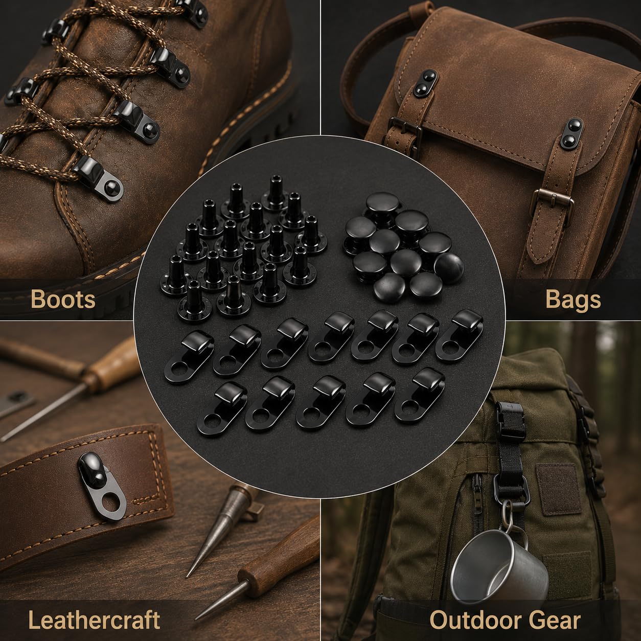 HEAVY DRIVER 20 Sets Metal Boot Hooks with Rivets | Alloy Shoelace Buckles for Hiking Boots, Climbing Shoes, Bag Straps & DIY Leather Craft Repair Accessories (Black) 4
