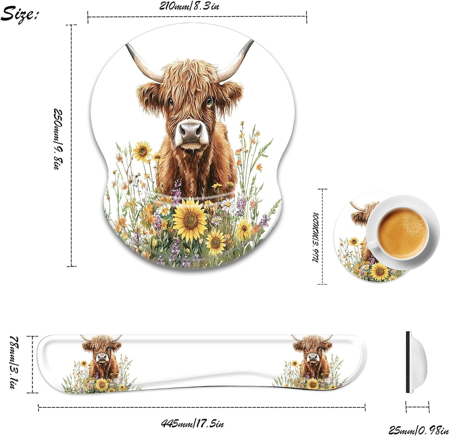 Bxgolkgd Ergonomic Gel Mouse Wrist Rest Pad and Keyboard Pad Set,Anti-Slip PU Bottom Easy Typing and Relieve Wrist Pain with Cute Coaster Set (3-Flower Highland Cow)