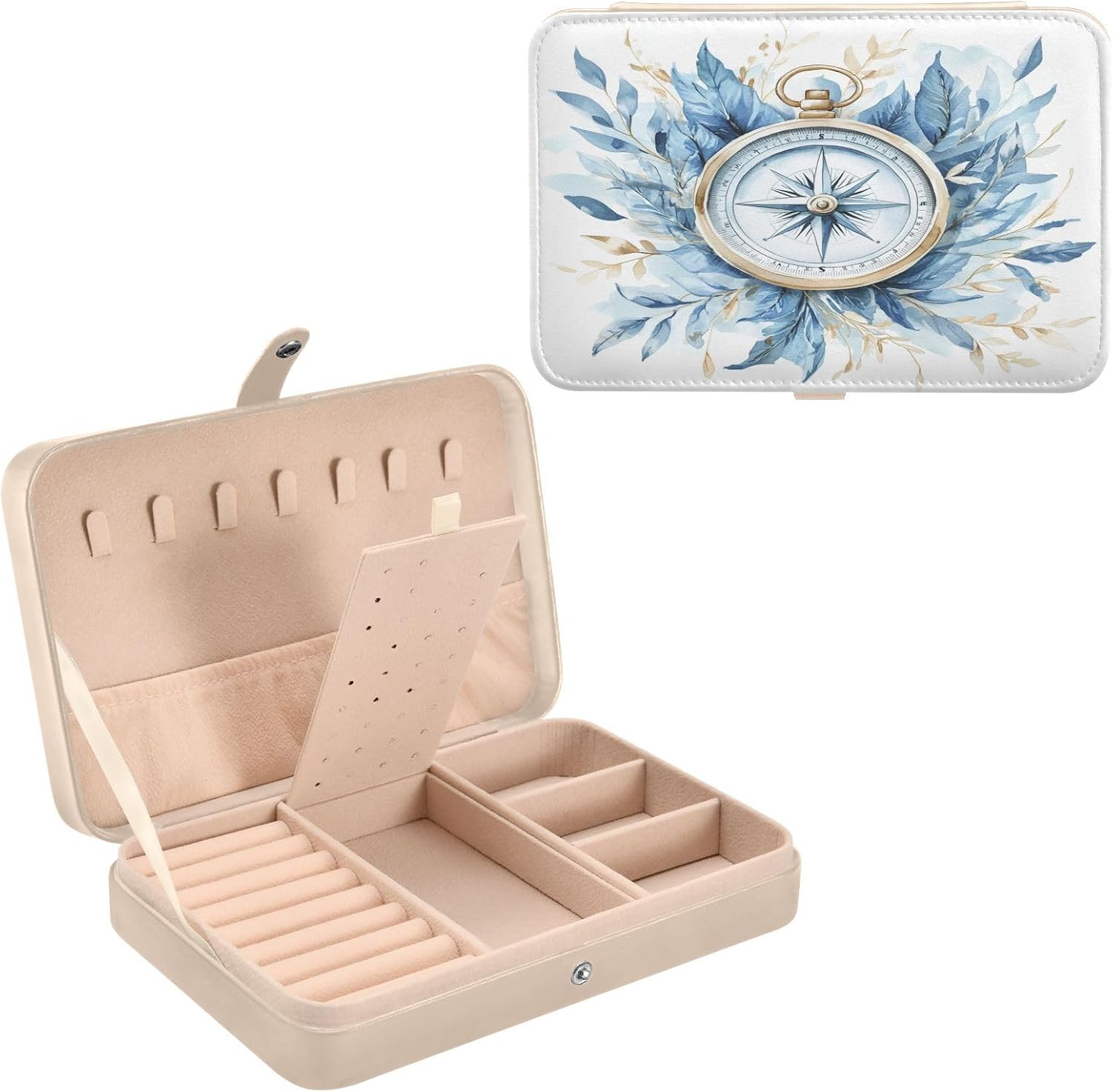 J JOYSAY Compass Leaves White Travel Jewelry Box Organizer Small Mini Jewelry Travel Case PU Leather Display Case for Necklaces Bracelets