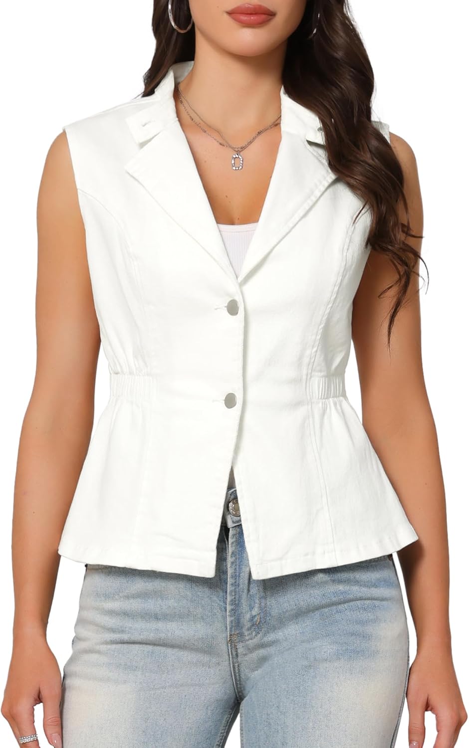 Women's Denim Vest Button Down V Neck Elastic Waist Waistcoat Sleeveless Jean Jacket