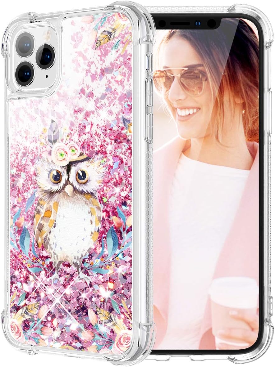 Caka Flower Case for iPhone 11 Pro Max Floral Glitter Case Bling Sparkle Flower Pattern Liquid TPU Cushion Protective Women Girls Luxury Flowing Pink Phone Case for iPhone 11 Pro Max (Owl)
