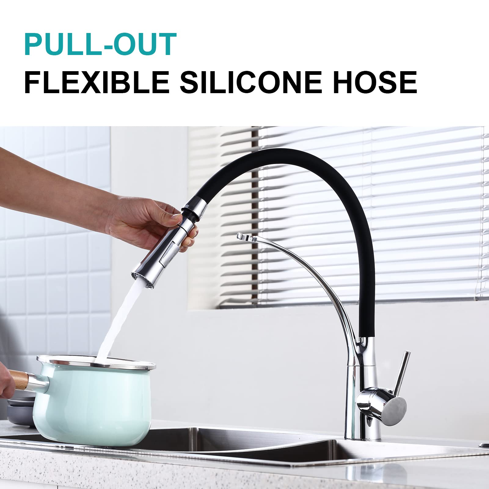 Achelous Grifo de Cocina con 2 Modos de Chorro Grifos de Fregadero con Manguera Flexible de Silicona Mezclador Monomando con Soporte Caño para Agua Fria y Caliente Negro Cromo