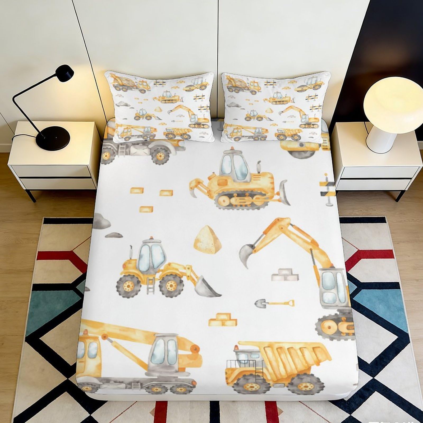 3D Printed Construction Vehicles Fitted Sheet Microfiber Soft Machine Washable Digger Trucks Bed Cover for Bedroom Guest Room 90x200x25cm