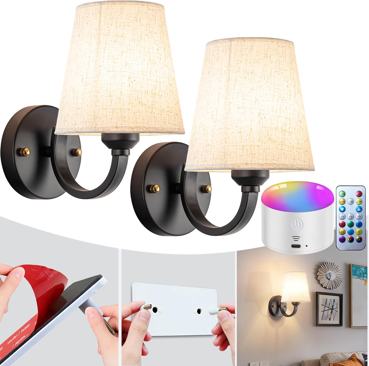 YHCDLAMP Peel and Stick Wall Sconces, No Drilling Stick On Wall Sconce, Wireless Battery Operated Wall Lights, Adhesive Wall Lamp with 10000mAh Battery Bulb for Bedroom Living Room Decor