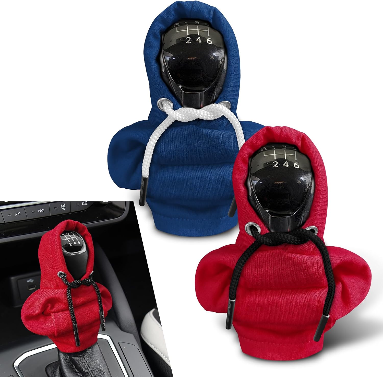 2PCS Gear Shift Hoodie, Gear Shift Cover, Mini Hoodie for Auto Shifter, Automotive Interior Accessories Fashionable Hoodie Auto Gear Shift Knob Protector for SUV Sedan Truck (Red+Blue)