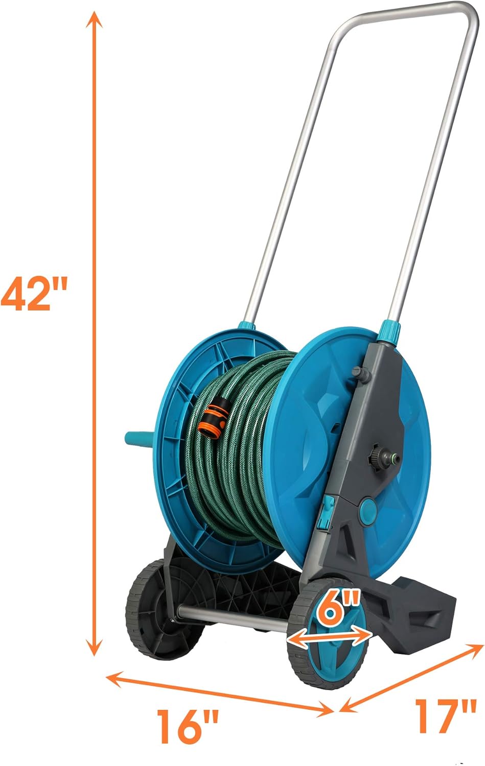 LUCKERMORE Garden Hose Reel Cart with Wheels, Water Hose Cart Holds 130 Feet of 1/2 Inch Hose 6.6 Feet Leader Hose 7 Pattern Nozzle for Outside Garden & Yard