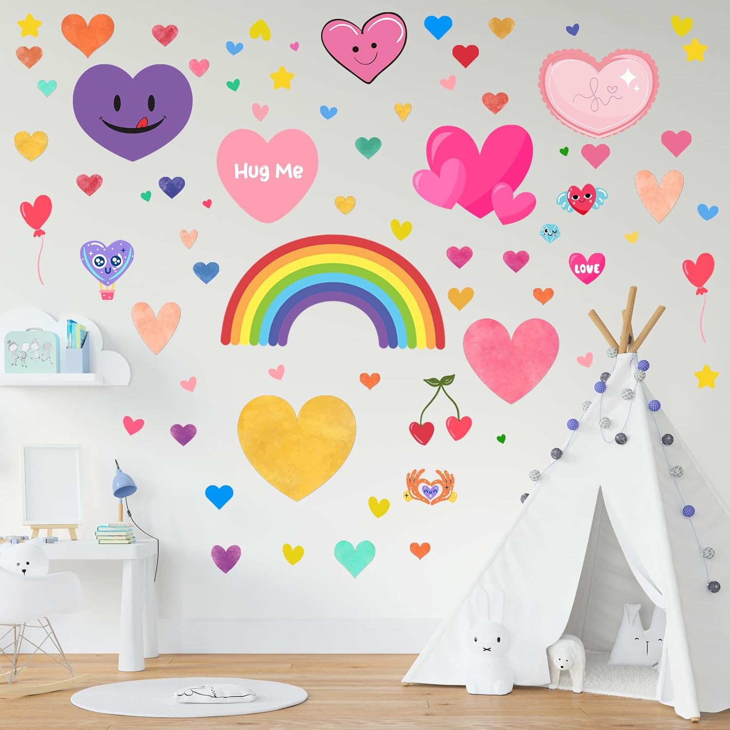 Kids Heart Wall Stickers, 201 Piece Removable Peel and Stick Rainbow Wall Decals for Nursery, Playroom and Bedroom, 6 Sheets Heart-Shaped Wall Decor