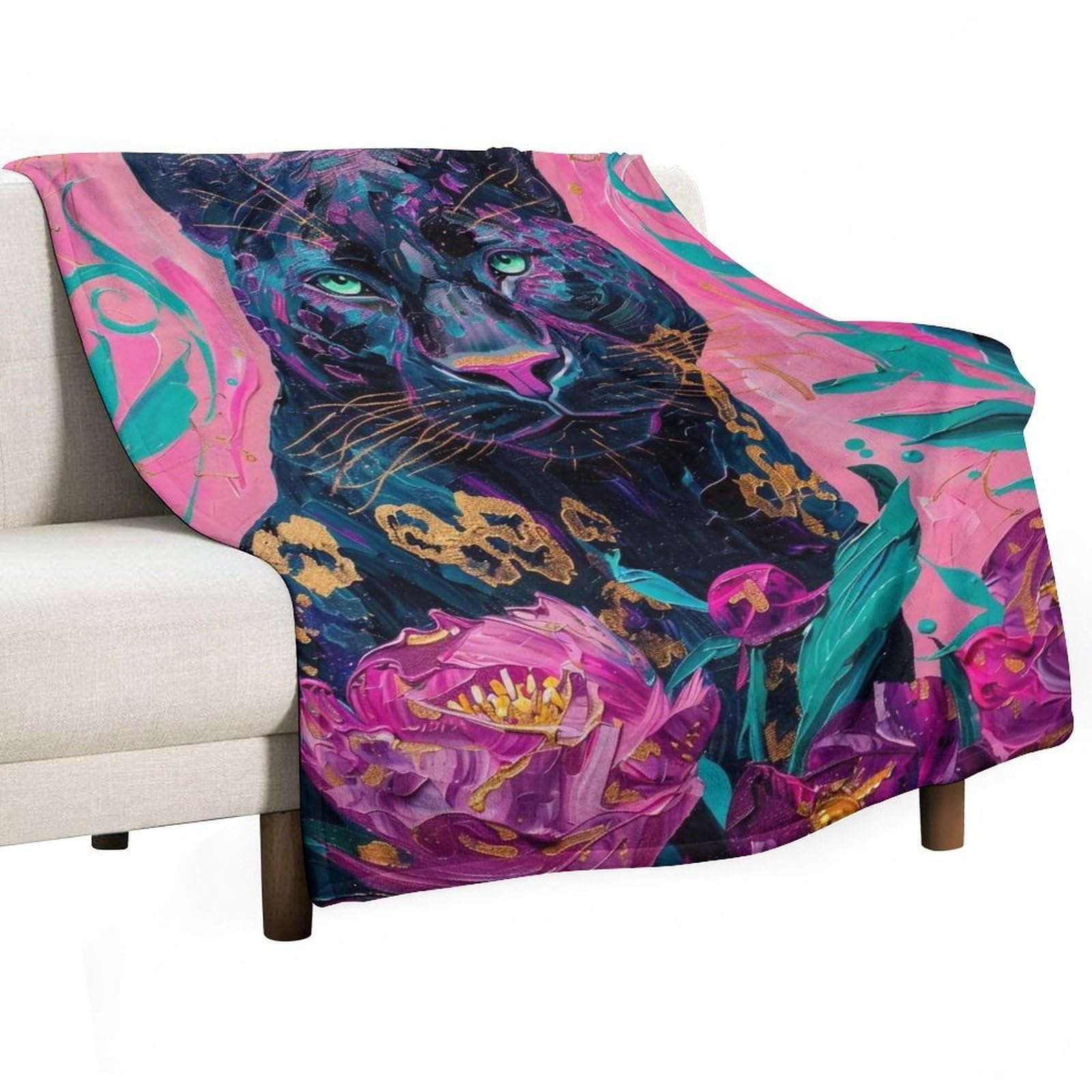 YHGSREUOH Black Panther with Peonies 02 Flannel Blankets Fleece Soft Throw Lightweight Plush Gifts for Couch, Bed, Cozy Sofa Plush, Chair, Lovers 150x200cm(60x80in)