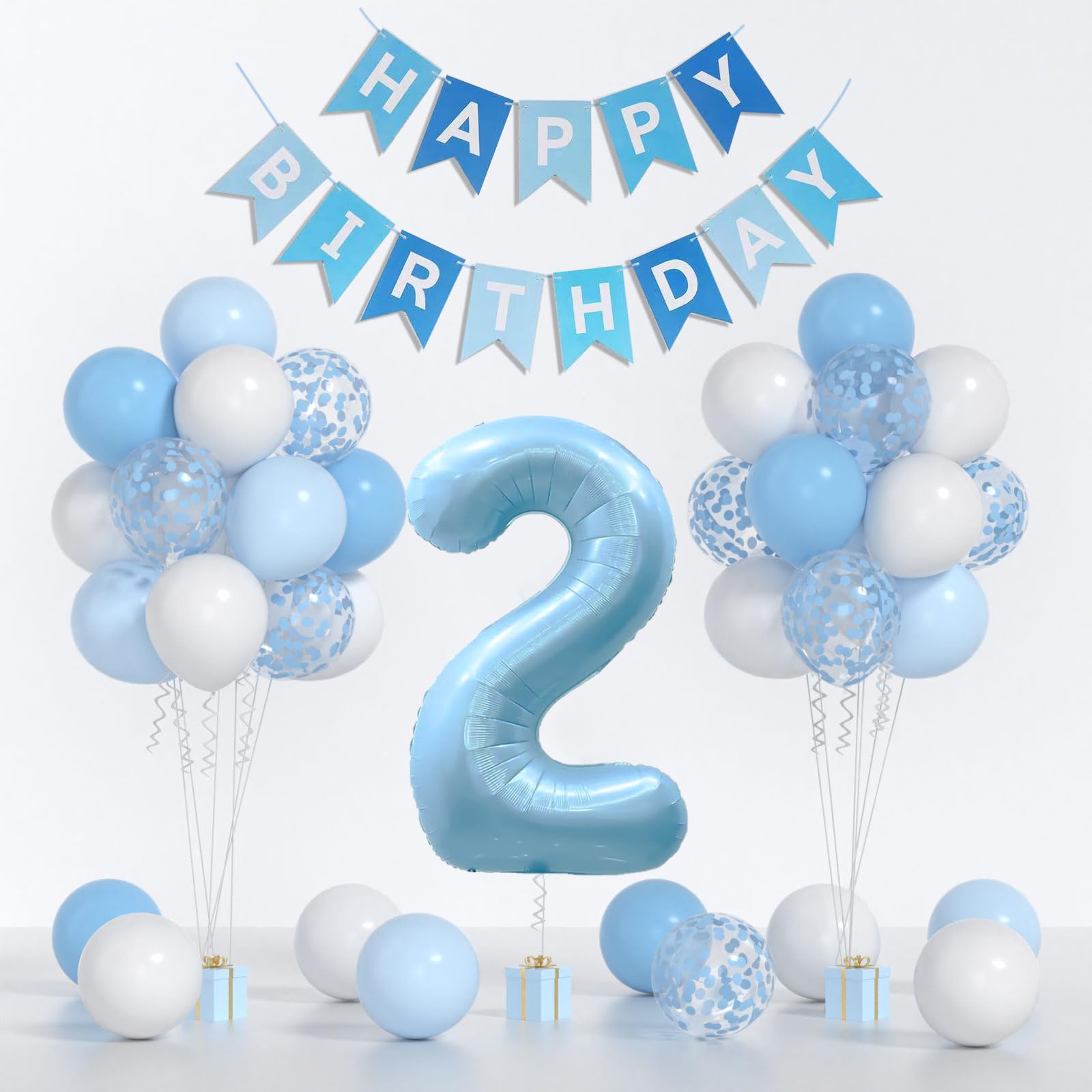 2nd Birthday Decorations For Boy -12 Inch Blue White Balloons, 40 Inch Blue 2 Balloon,, Happy Birthday Banner for Baby Boy 2 Year Old BD Party Decorations