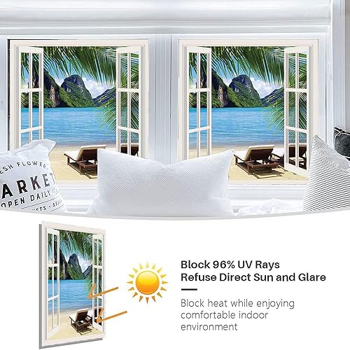 Vista 55 de Tropic - Película 3D para ventana, palmeras tropicales oceánicas en isla soleada, imagen panorámica, para puerta de cristal, baño, sala de estar