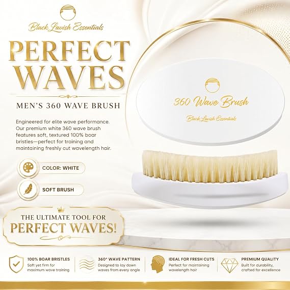 360 Wave Brush, Soft, Build Deeper Waves & Hard Boar Bristle, Curved Design, Black Lavish Essentials Signature (White, Soft Brush)