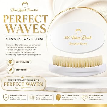 360 Wave Brush, Soft, Build Deeper Waves & Hard Boar Bristle, Curved Design, Black Lavish Essentials Signature (White, Soft Brush)