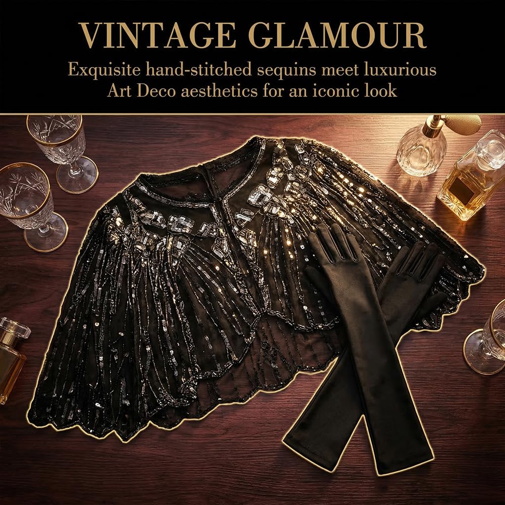 2 Pièces Châle Années 1920 avec Paillettes et Perles, Cape Soirée Vintage, Gants Longs Satin Femme, Accessoires Party pour Robe de Mariage, Soirée à Thème, Bal