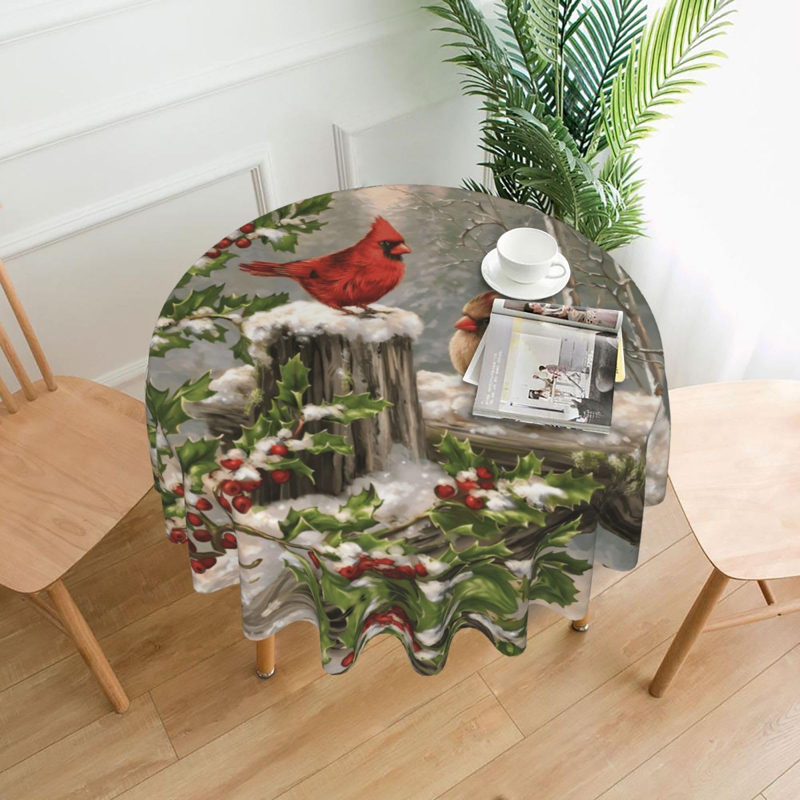 Red Bird Holly Berry Branches Print Round Washable Tablecloth – Table Cover