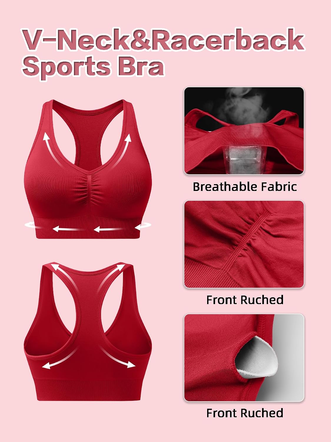 Ruched Sports Bra for Women Racerback V-Neck Workout Bras Padded Seamless Longline Yoga Bra image 4