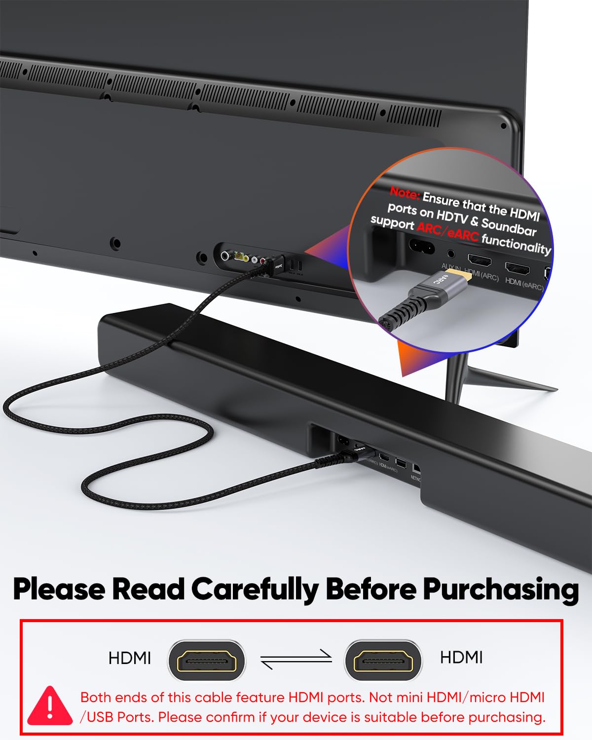 Cable HDMI 8K eARC de 6.6 pies, cable HDMI ARC/eARC de 48 Gbps de alta velocidad | Dolby Atmos - Cable HDMI 2.1 8K @60Hz, 4K @120Hz HDR10+ 3D HDCP2.2&2.3 para Vizio Sono Samsung Bose Soundbar TV