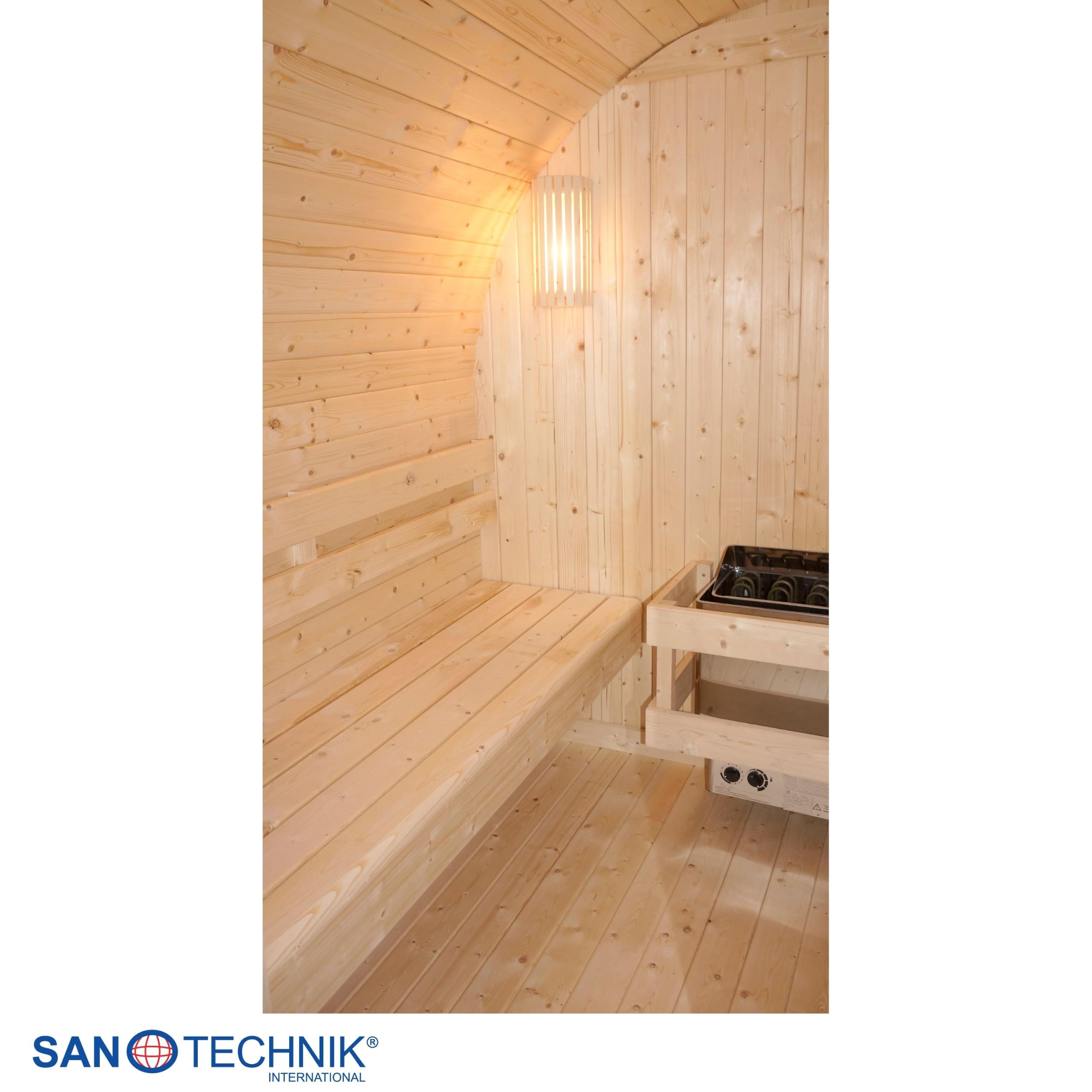 SANOTECHNIK Außensauna Island XL für 4 Personen Fichte Naturbelassen 220 x 189 x 200 cm mit 6 mm Sicherheitsglas-Tür und 3,8 cm Wandstärke