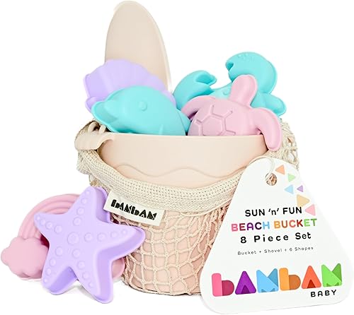 BamBam Baby Juguetes de playa de silicona prémium para niños pequeños y bebés  100% libre de BPA, probado en seguridad  Juego de 8 cubos de arena