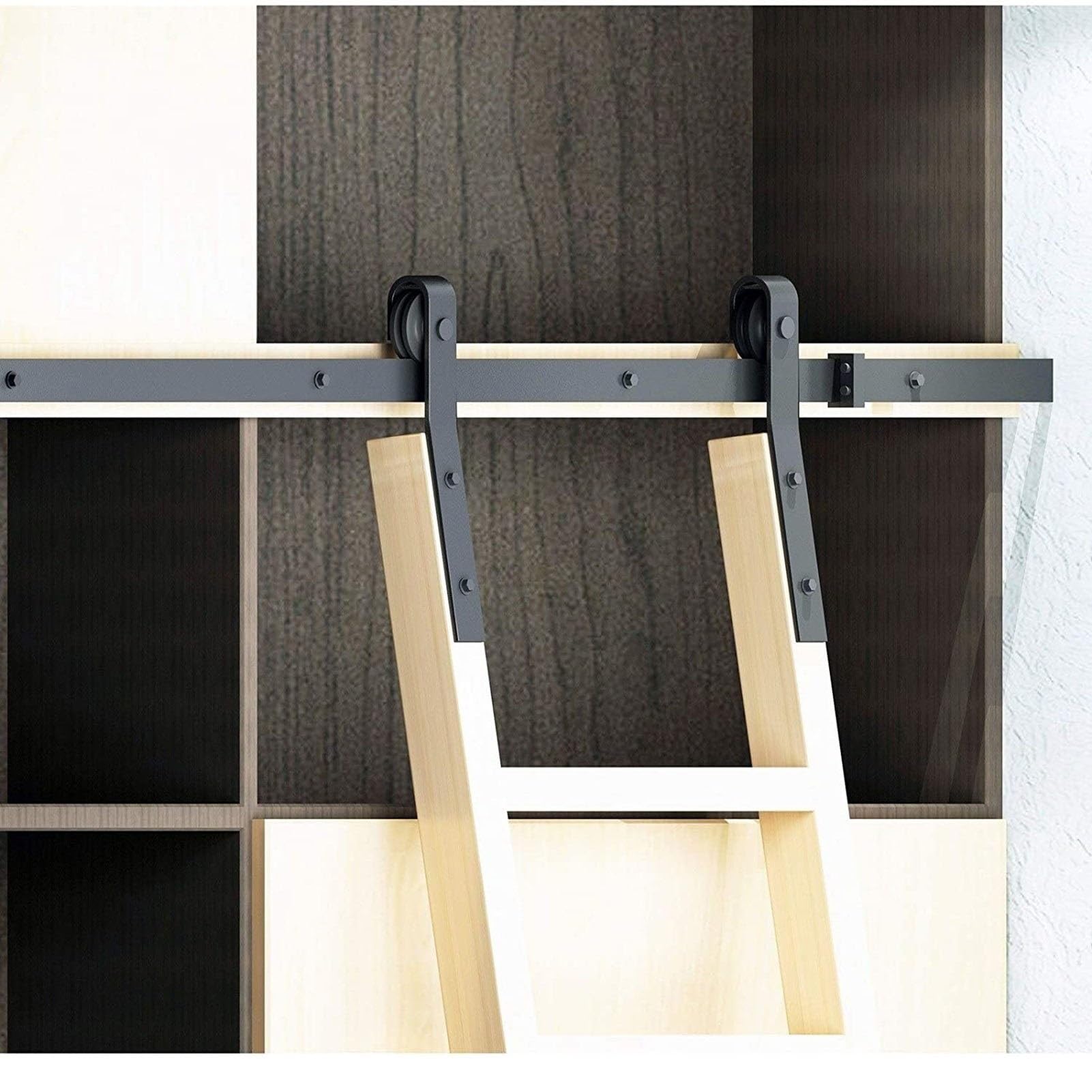 Kit rail coulissant style grange en acier noir pour échelle de bibliothèque de bureau