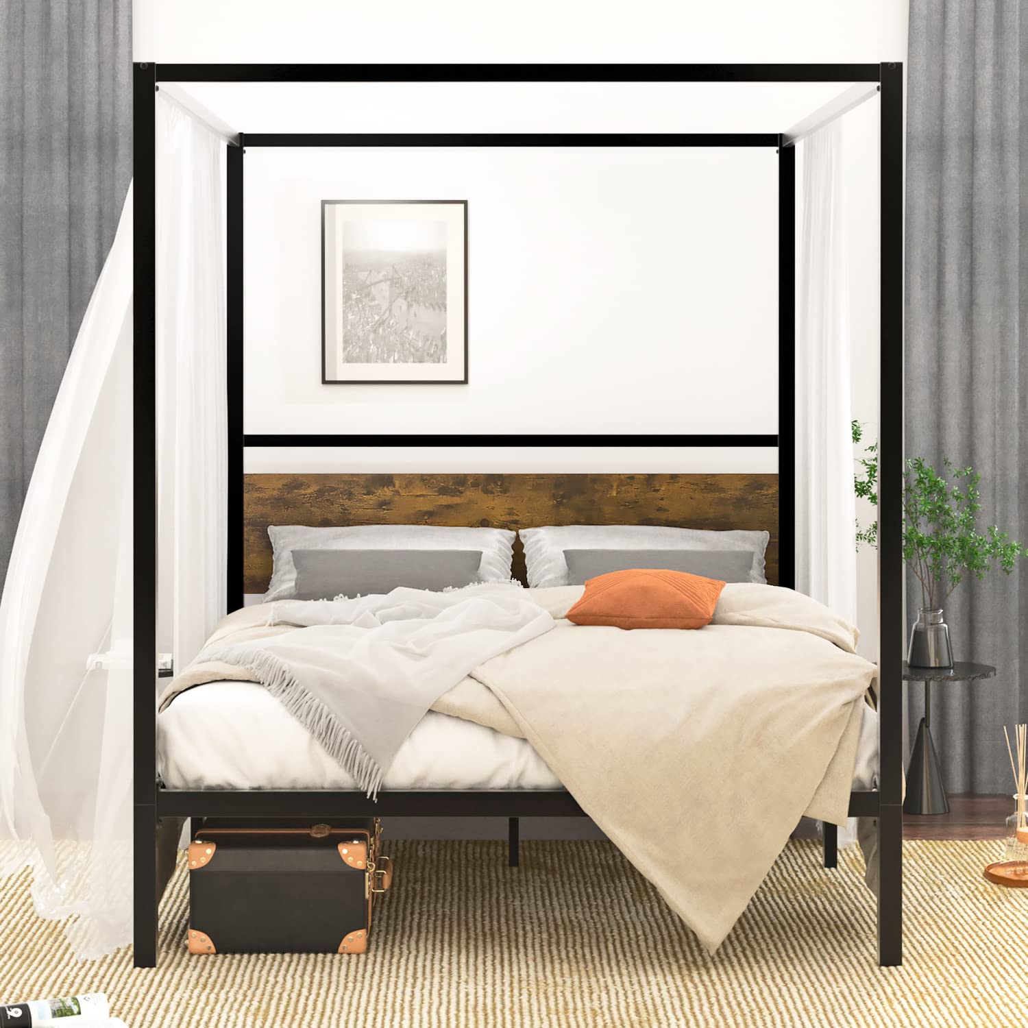 SHA CERLIN Queen Size Metal Black Canopy Bed Frame with Wooden