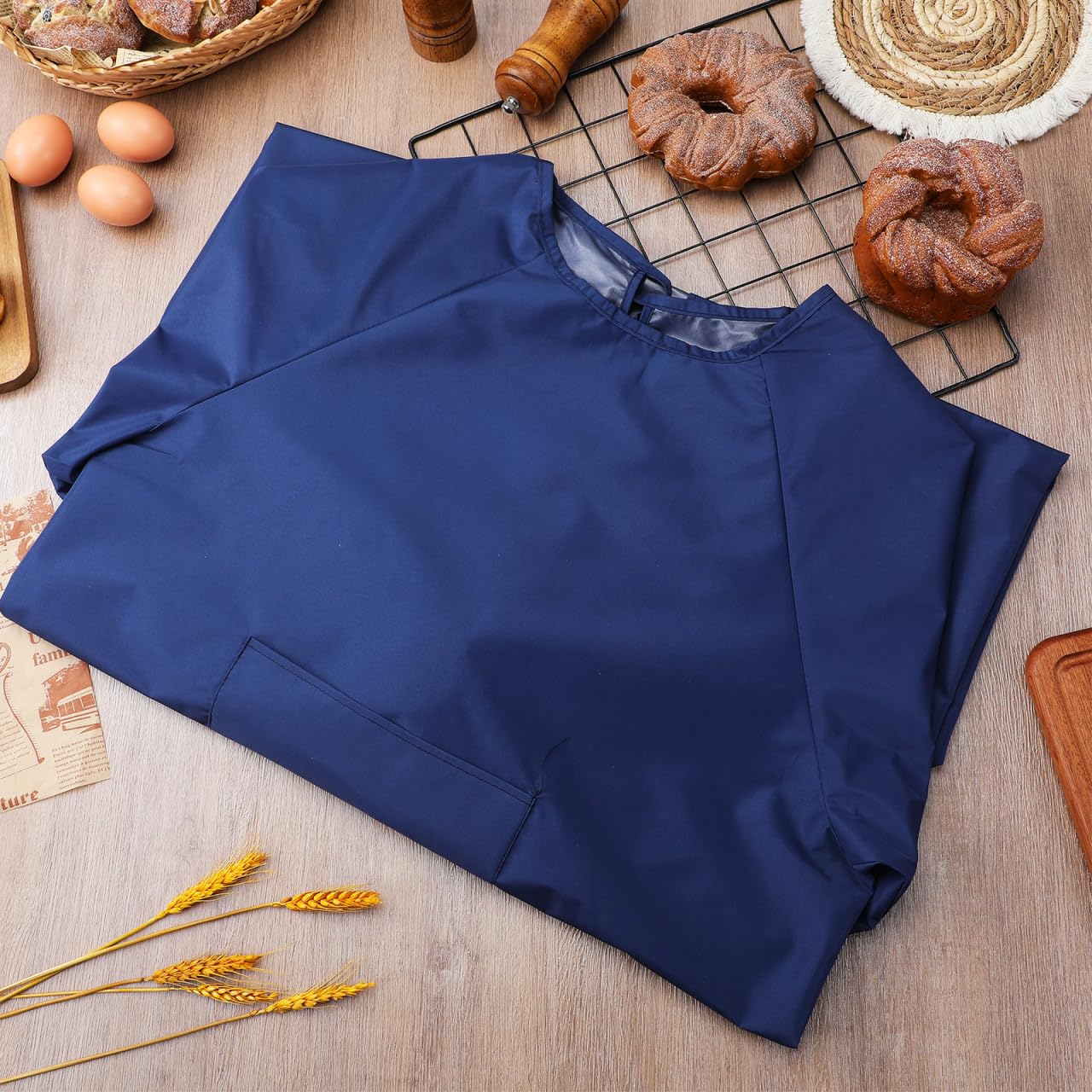 VILLCASE Tablier avec manches, tablier de peinture avec poche, tissu imperméable anti-huile, tablier de cuisine pour adultes (Bleu foncé)