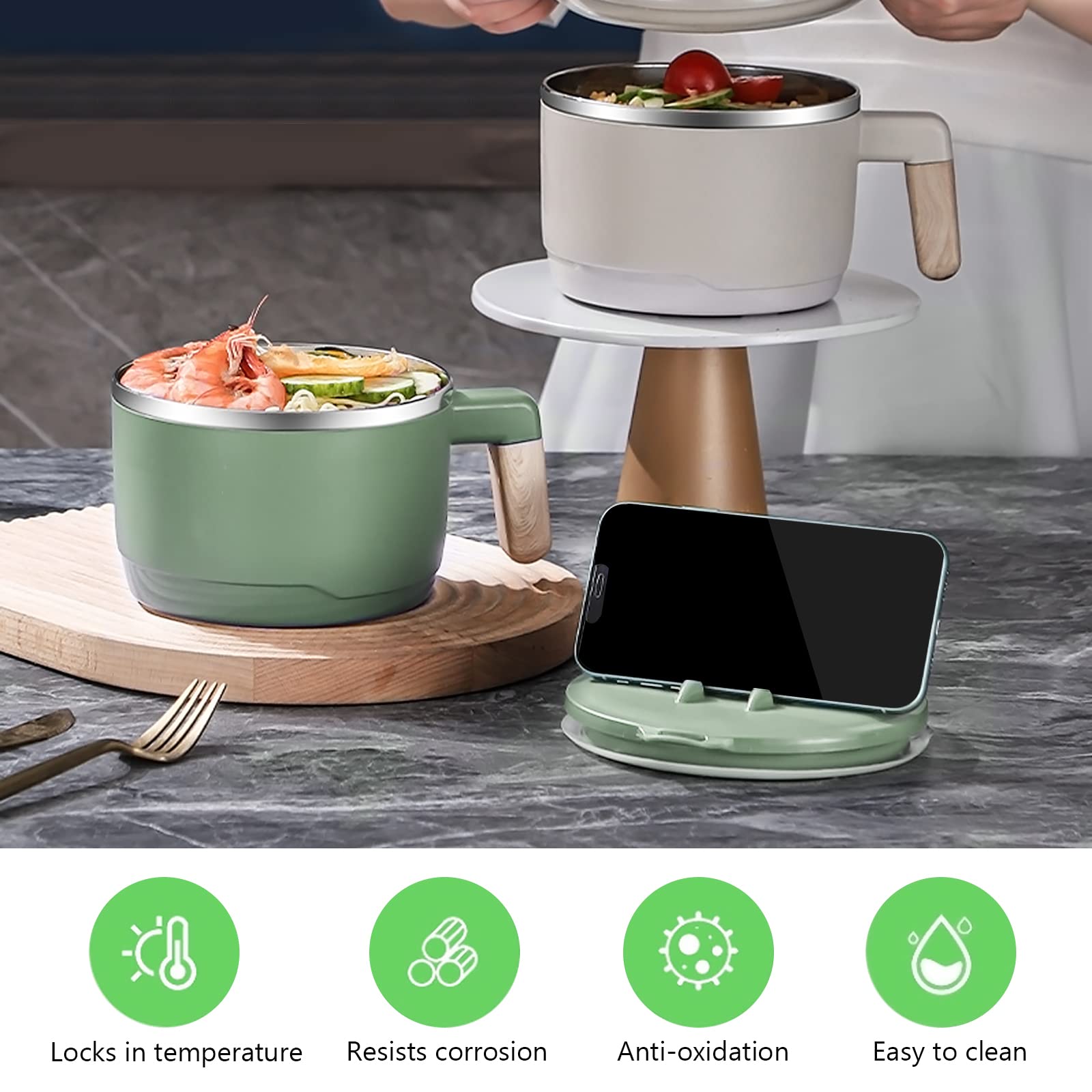 Bol à Ramen Instantané En Acier Inoxydable 1000 Ml - Bol Soupe Japonaise Double Isolation Avec Couvercle Anti-Fuite - Vert