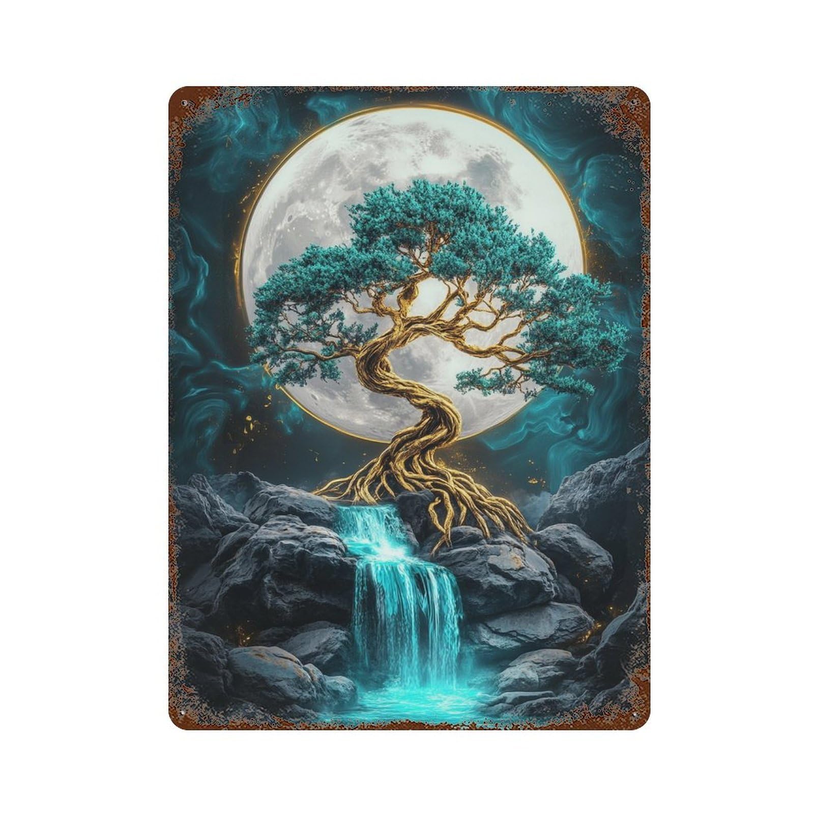 Enchanted Moonlit Waterfall Scene Distressed Metal Wall Sign 15.7"x11.8", Industrial Home Decor for Garage, Pub Or Kitchen