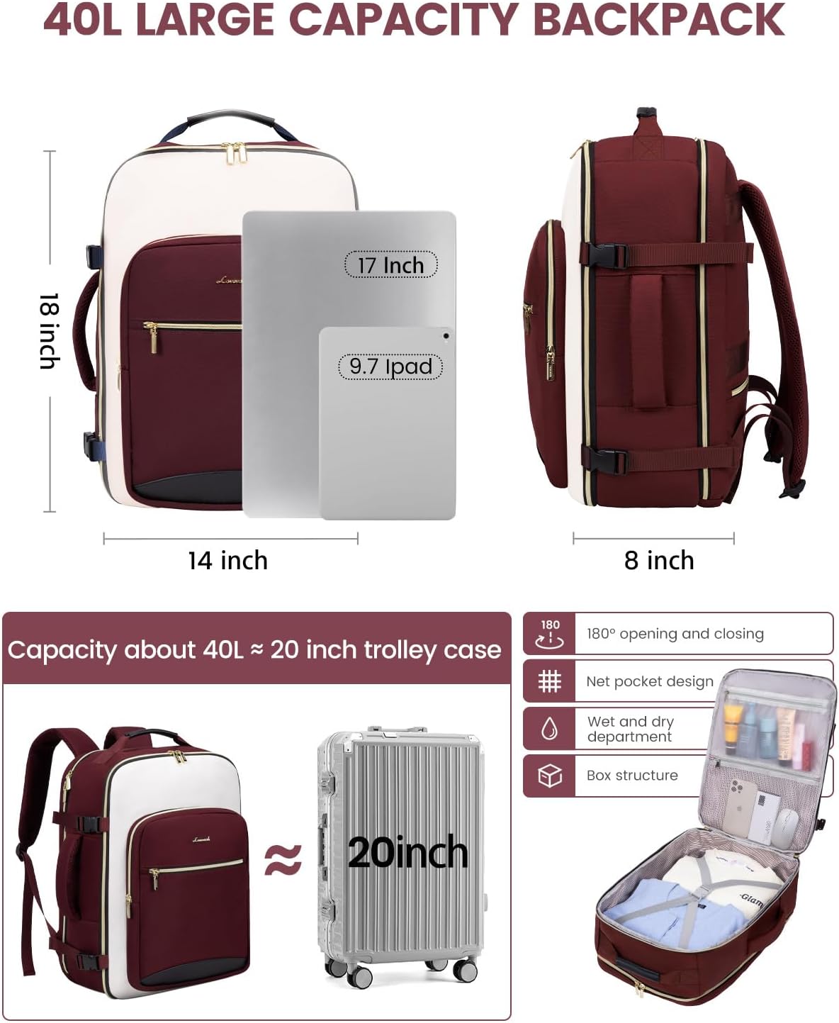 LOVEVOOK Large Travel Backpack for Women & Men, 40L Carry on Backpack for Airplanes, TSA Personal Item Travel Bag fits 17" Laptop, Waterproof Travel Essentials Airline Approved with 3 Packing Cubes - Image 3