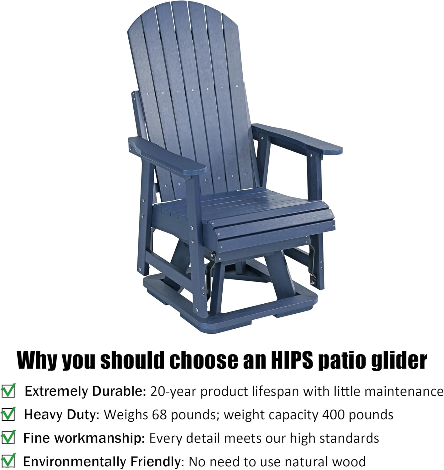 Poly Lumber Swivel Patio Glider, Durable HIPS Material, Weather Resistant, for Outdoor, Patio, Porch, Yard (Navy Blue)
