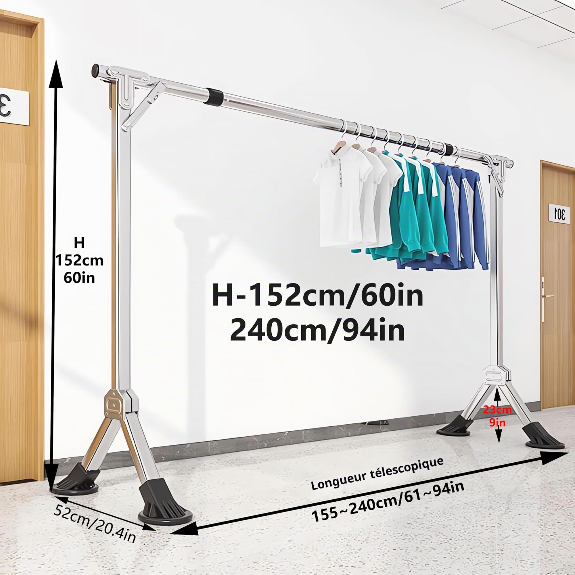 Etendoir Linge de Balcon Extensible, Support à Linge Pliable en Acier Inoxydable, Étendoir à Vêtements Réglable avec 20 Crochets Antivents - pour Séchage Intérieur/Extérieur (H 152cm L 240cm)
