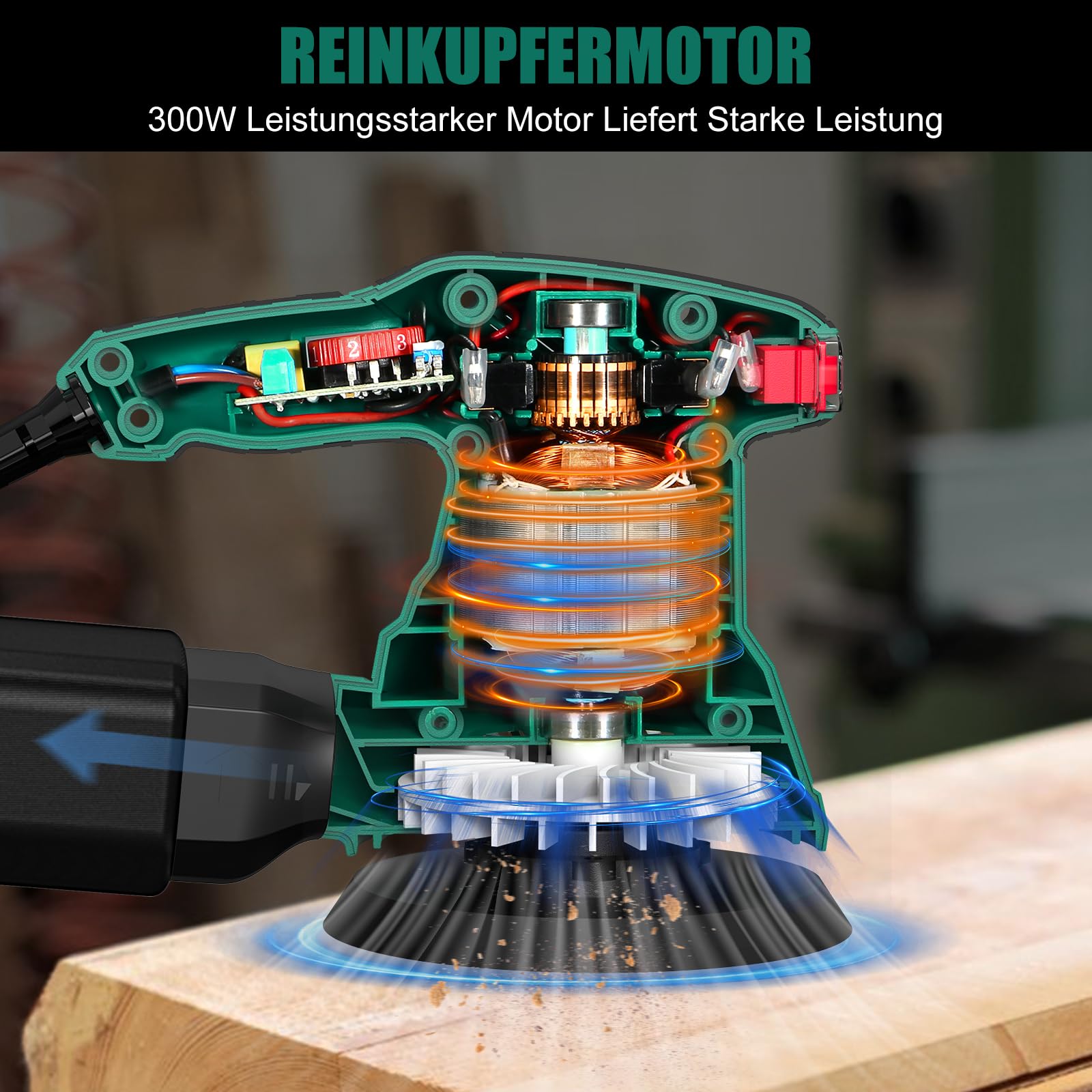 HYCHIKA Exzenterschleifer, 300W Schleifmaschine mit Absaugung für Holz, 6 Geschwindigkeiten 6000-13000 U/min, mit 12pcs Schleifpapier 125mm klett, Staubfangbehälter