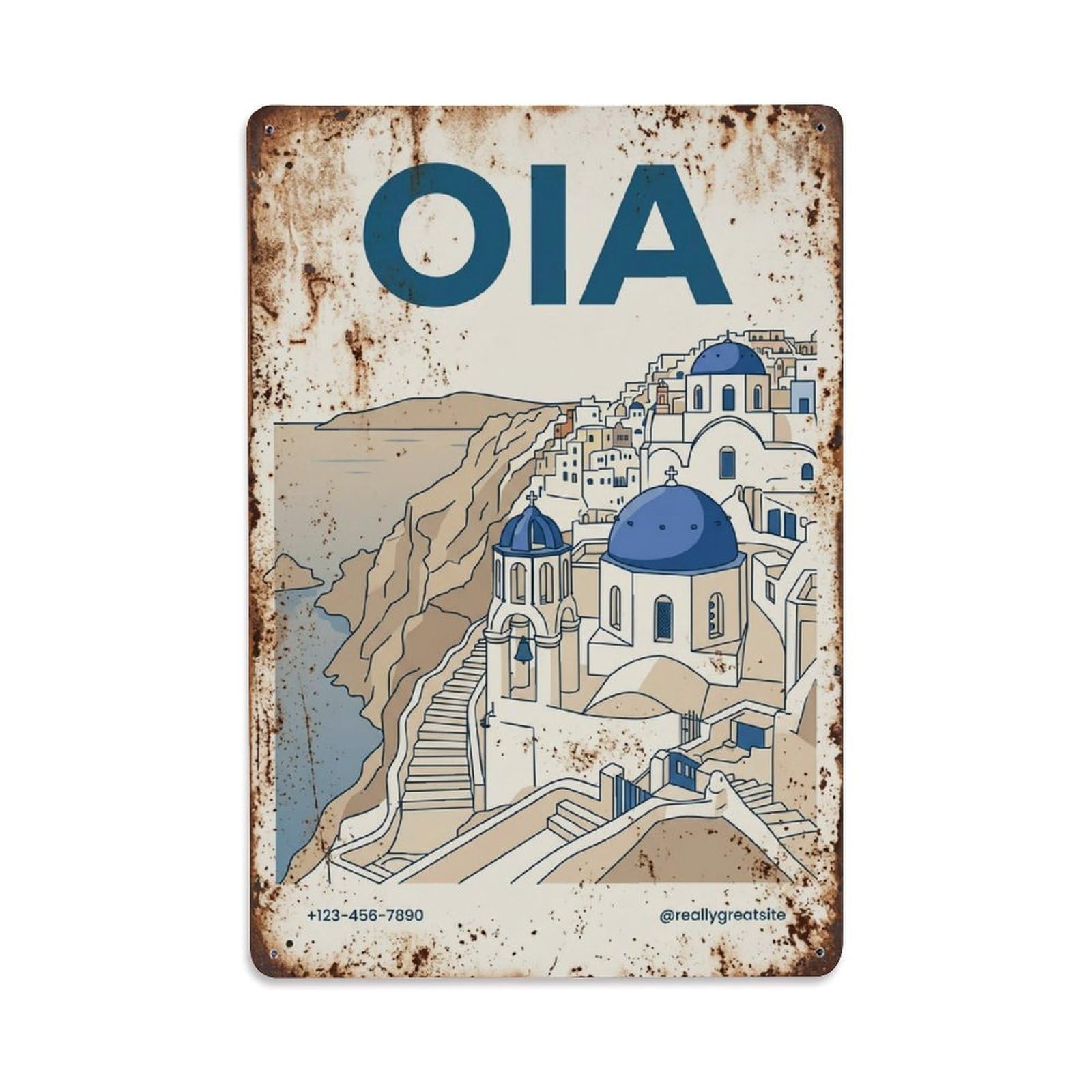 Fyrn Style Metal Tin Sign Vintage Travel Oia Greece Village