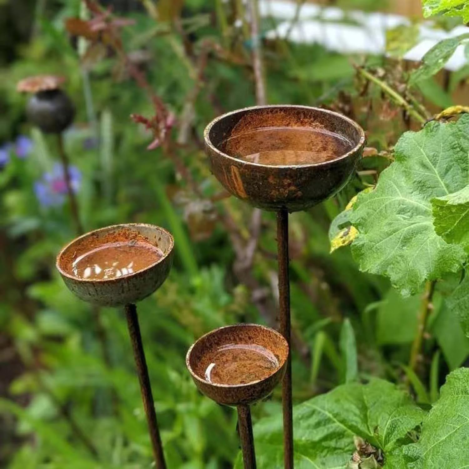 3 Pack Bird Feeder/Rain Catcher, Rusty Metal Water Catcher, Bronze Metal Bowl,Outdoor Bird Feeder Garden Stakes for Outdoor Garden, Lawn Decor(25.6inch)