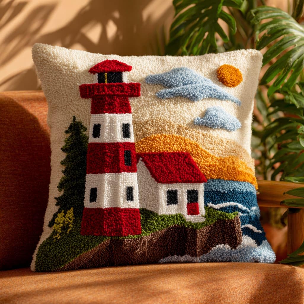 AxiangziK DIY Latch Hook Pillow Kits for Adults,Seaside Lighthouse