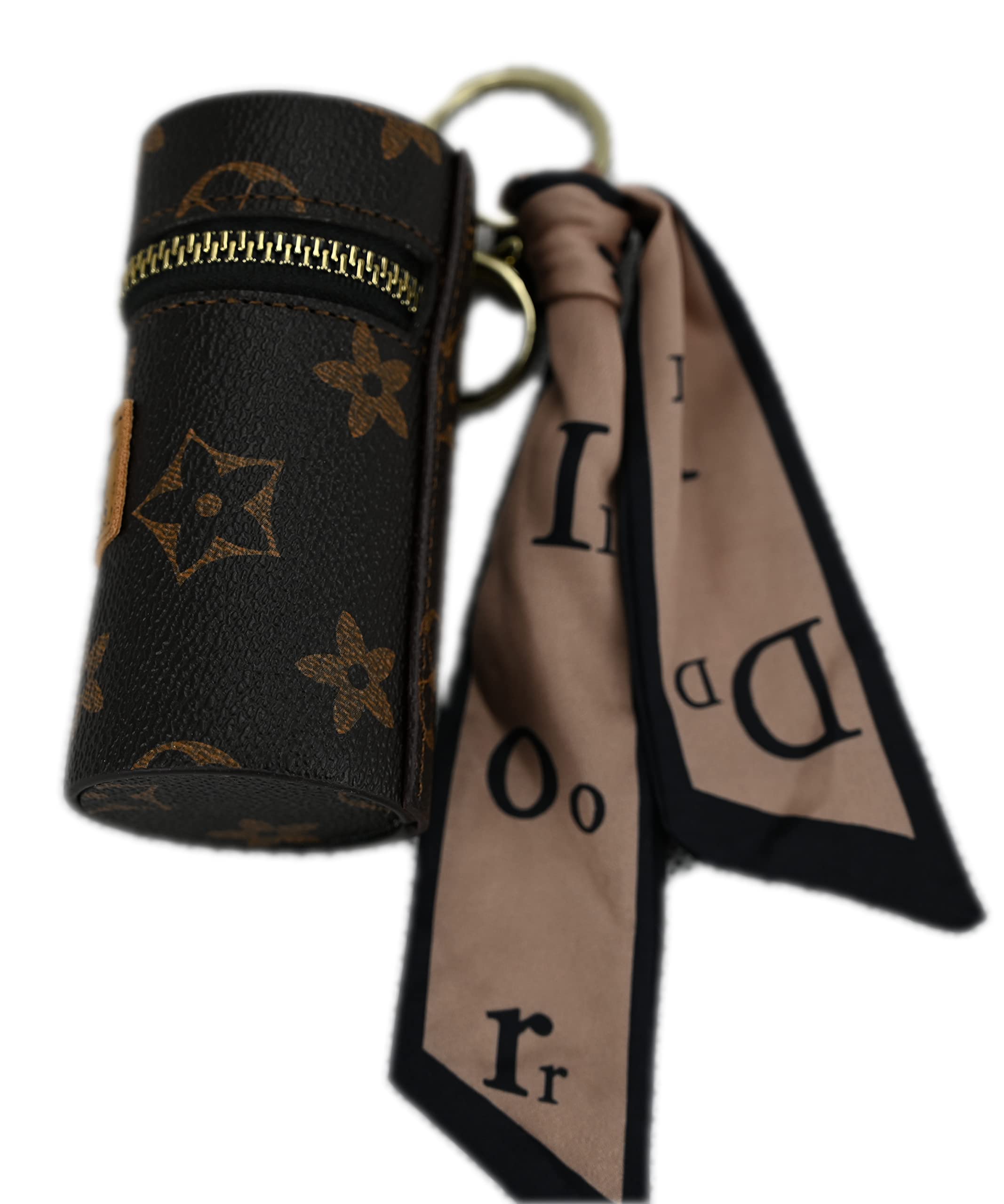 GenericLong Key Chains for Women with Storage Bag Silk Scarf Lipstick Bag, Leather Lip Gloss Holder with Keychain, Girls travel Makeup Case for Perfume, Nail Polish, Stylish Brown Key chain with Mini Wallet