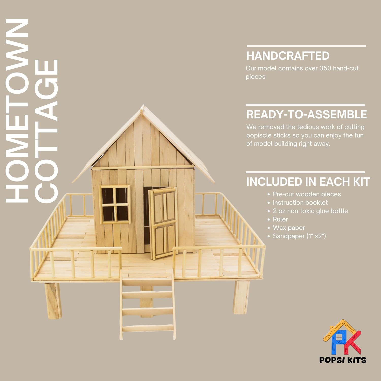Popsicle Stick Cottage Model Kit – 350+ Pre-Cut Wooden Pieces – Rustic DIY House Craft for Kids and Adults – Complete Kit [Everything Included] by POPSI KITS
