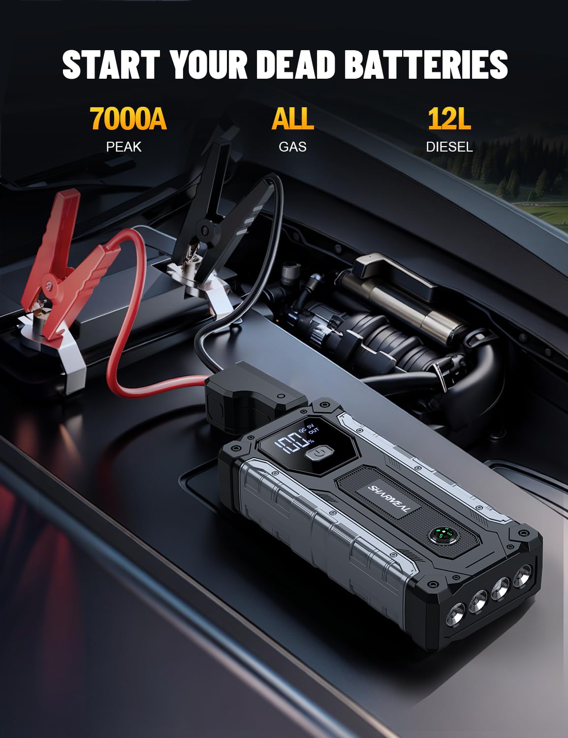 Arrancador de Coche, 10000A Arrancador de Baterías de Coche, 12V Arrancador de Portátil con para All Gasolina o 10L Diesel, Clips de Seguridad Inteligentes, Portable Jump Starter con Linterna LED