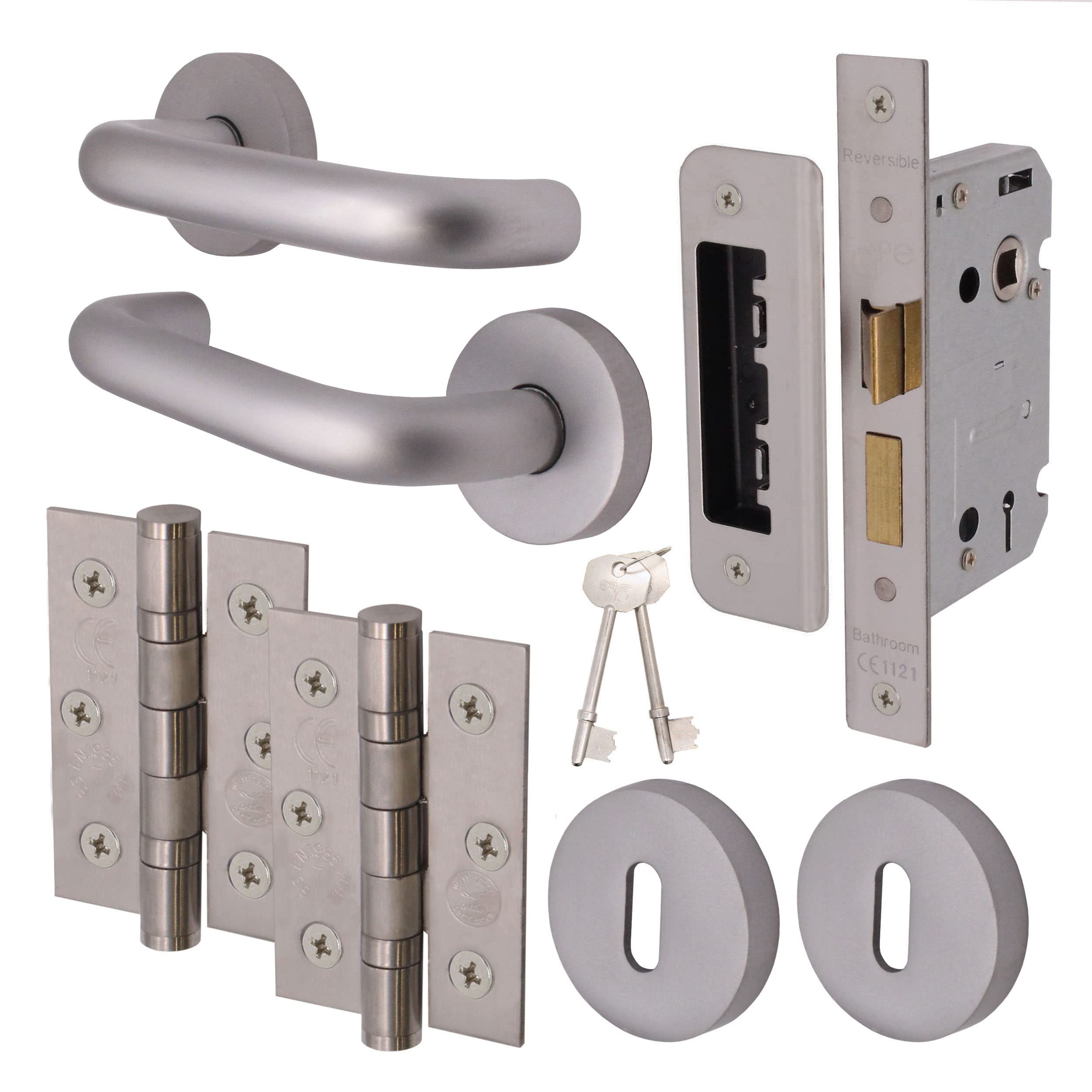 Eai Satin Return To Door Lever On Rose Handle Sash Lock Kit | Aluminium | 76Mm Hinge