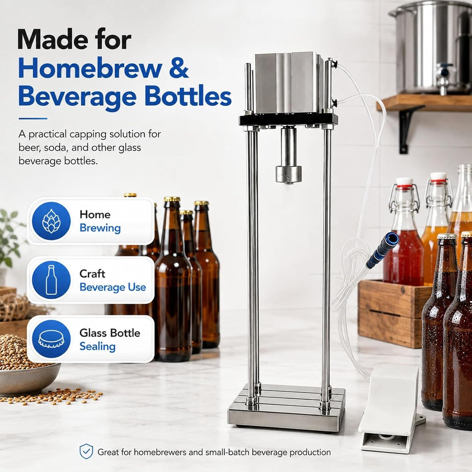Tappatore semiautomatico per bottiglie con interruttore a pedale | Tappatrice pneumatica, altezza regolabile, per tubi dell'aria da 8 mm a 12 mm, birra fatta in casa e imbottigliamento