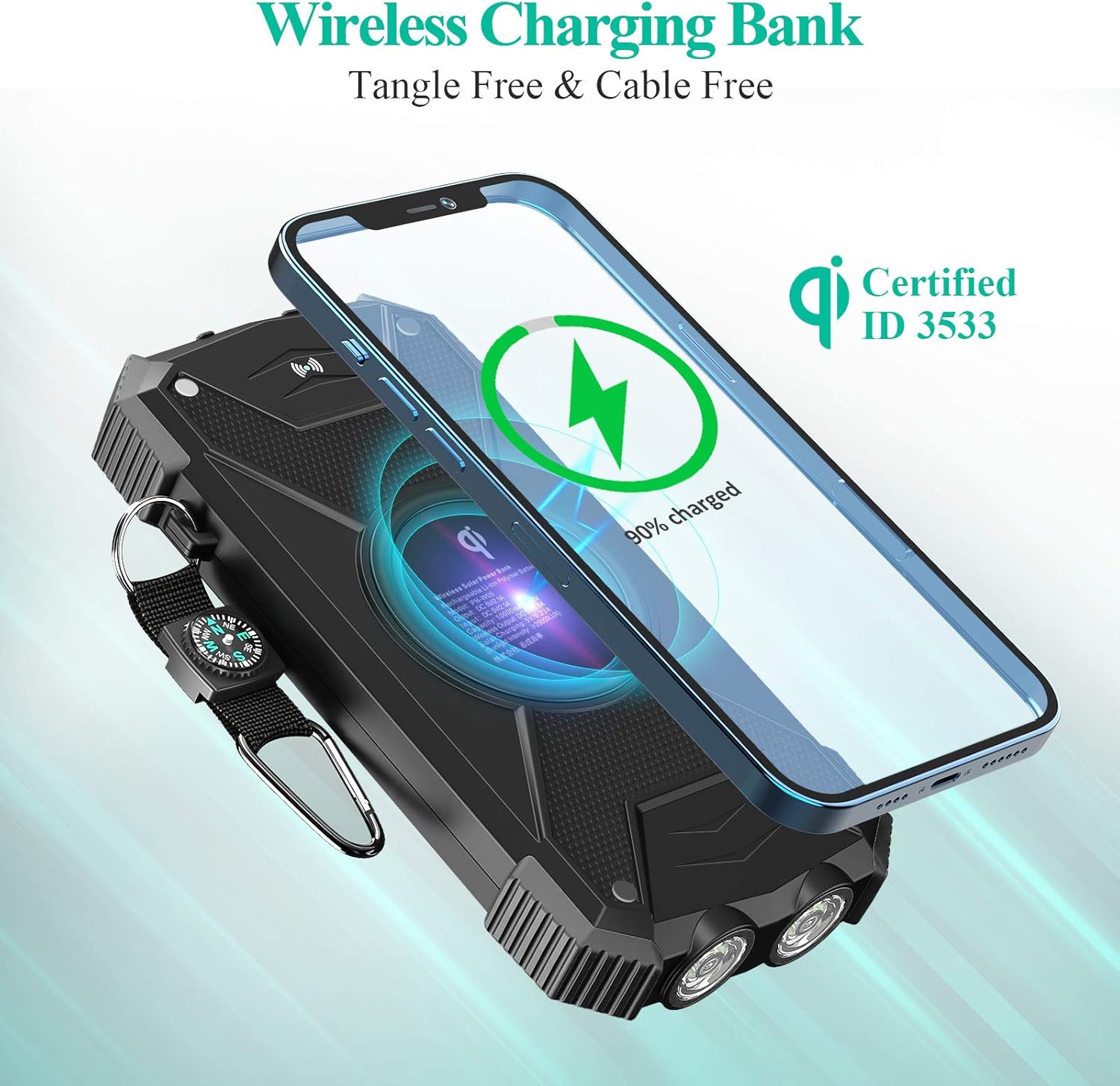 Solar Charger Power Bank, Qi Wireless Charger 10,000mAh External Battery Pack Type C Input Port Dual Flashlight, Compass, Solar Panel Charging (Black) : Cell Phones & Accessories