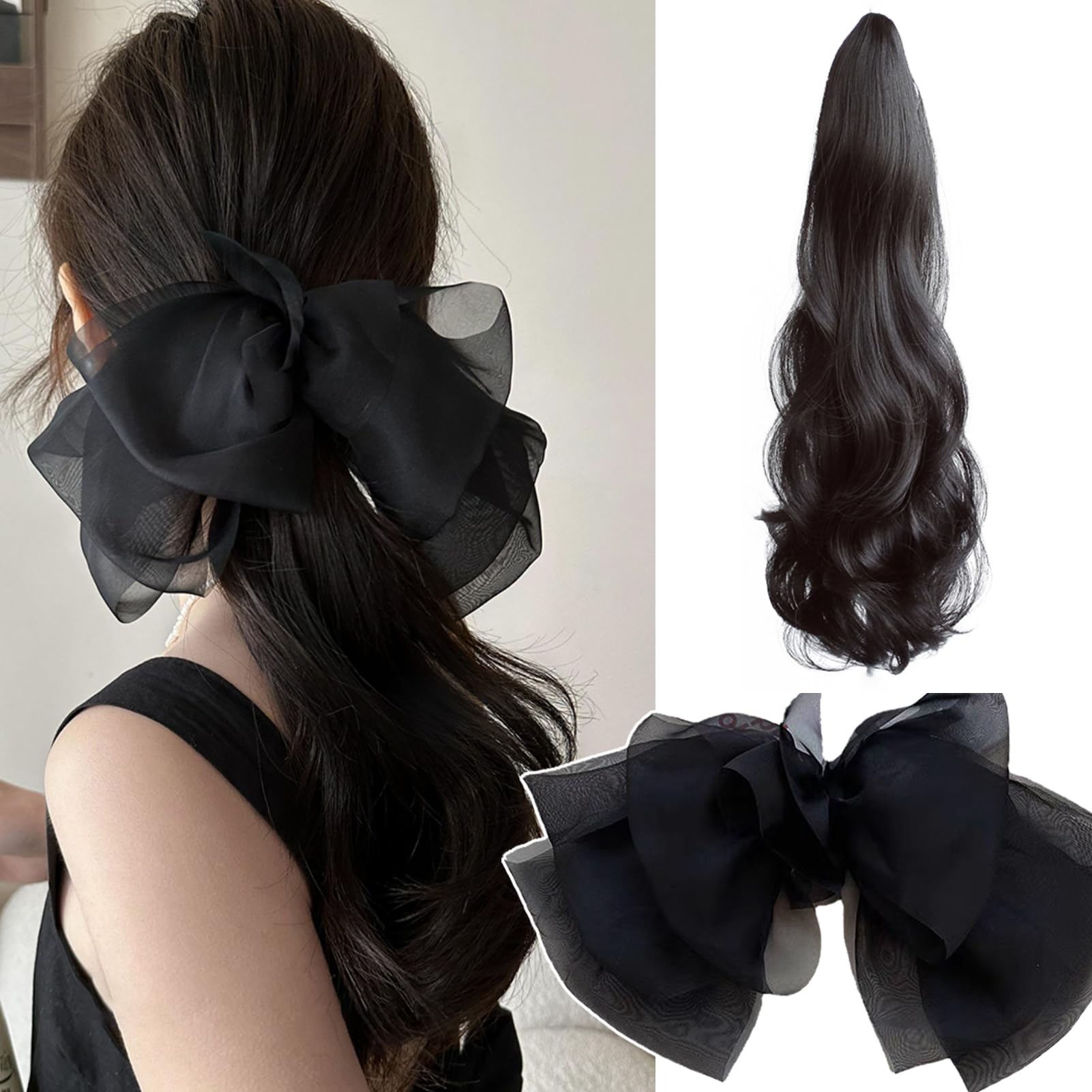 最終お値下げ　黒の和風ウィッグ リボン付き Amazon.co.jp: Natunofu ウィッグ ポニーテール リボン ヘアアクセ
